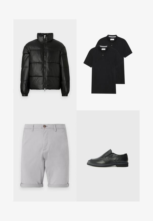 Svart pufferjakke med høy krage, glidelås foran, quiltet design, elastiske mansjetter og blank, glatt stofffinish.; To svarte polo skjorter, kortermet, i bomullsmateriale, med krage i klassisk stil, to-knapps knappestolpe, og hvite striper inni kragen.; Lys grå bomullsshorts med rulleermer, en enkelt knapp foran, og sidelommer, med en jevn tekstur og skreddersydd design.; Sorte skinn slip-on sko med en jevn overflate, stikking detaljer, rund tå og en lav gummihæl. Sålen har minimal mønstring.