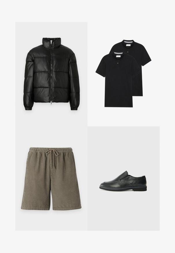 Doudoune noire avec un col montant, fermeture éclair sur le devant, design matelassé, poignets élastiques et finition en tissu lisse et brillant.; Deux polos noirs, à manches courtes, en coton, avec un col classique, une patte de boutonnage à deux boutons, et des accents rayés blancs à l'intérieur du col.; Shorts en velours côtelé en coton de couleur vert olive avec des rayures verticales texturées, taille élastique et cordon de serrage ajustable pour plus de confort.; Chaussure slip-on en cuir noir avec une tige lisse, des accents cousus, un bout arrondi et un petit talon en caoutchouc. La semelle présente un profil de traction minimal.