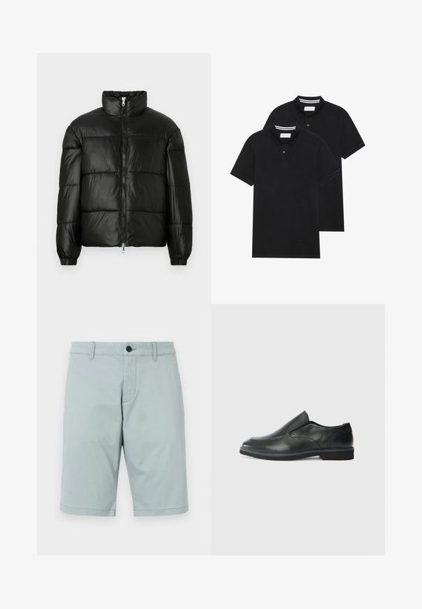Fekete puffernadrág magas gallérral, cipzáras elülső záródással, steppelt kialakítással, elasztikus mandzsettákkal és fényes, sima szövetfelülettel.; Két fekete pólóing, rövid ujjú, pamut anyagból készült, klasszikus gallérral, két gombos gombolással, és fehér csíkos díszítéssel a gallér belső részén.; Világos teal színű, sima anyagból készült rövidnadrág, lapos elülső résszel, két oldalsó zsebből és egy gombos zárással. Tiszta, igényes dizájn.; Fekete bőr, slip-on cipő sima felsőrésszel, varrott díszítéssel, lekerekített orral és alacsony gumitalppal. A talpa minimális bordázattal rendelkezik.