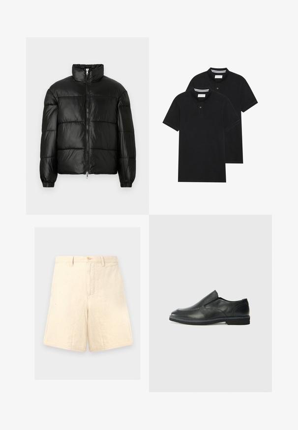 Schwarze Daunenjacke mit hohem Kragen, Reißverschluss vorne, gestepptem Design, elastischen Bündchen und glänzendem, glattem Stofffinish.; Zwei schwarze Polohemden, kurzärmlig, aus Baumwolle, mit einem klassischen Kragen, zwei Knöpfen und weißen Streifenakzenten im Inneren des Kragens.; Beige Leinen-Shorts mit taillierter Passform, ausgestattet mit einem vorderen Knopfverschluss, zwei seitlichen Taschen und einer dezenten Textur.; Schwarze Leder-Slipper mit glattem Obermaterial, gesteppten Akzenten, runder Zehenpartie und niedrigem Gummiabsatz. Die Sohle hat ein minimales Profil.