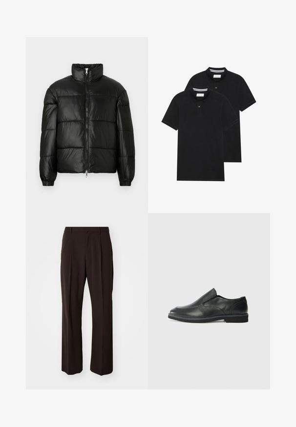 Must mustaga jakker, millel on kõrge krae, luku esikinnitus, tikanditud disain, elastsed mansetid ja läikiv, sile kangast viimistlus.; Kaks musta polo särki, lühikeste varrukatega, puuvillane materjal, klassikalise kraega, kahe nupuga kinnitusega, valgete triipudega krae sisepinnal.; GAP LOOSE - Püksid - brown noir; Must musta laia suuga king, millel on sile ülemine osa, õmmeldud detailid, ümmargune nina ja madal kummist konts. Tallal on minimaalne mustr.