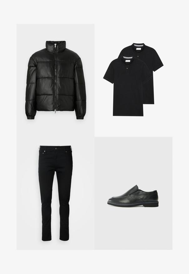 Chaqueta de pluma negra con un cuello alto, cierre frontal con cremallera, diseño acolchado, puños elásticos y acabado de tela brillante y suave.; Dos camisetas polo negras, de manga corta, de material de algodón, que presentan un cuello clásico, una tapeta de dos botones y acentos de rayas blancas en el interior del cuello.; Jeans de mezclilla negra con corte slim, que presentan un cierre de cremallera, pasadores para cinturón y bolsillos frontales. Textura suave, detalles mínimos, diseño clásico.; Zapato negro de cuero sin cordones con un upper suave, detalles de costura, punta redonda y un bajo tacón de goma. La suela presenta una tracción mínima.