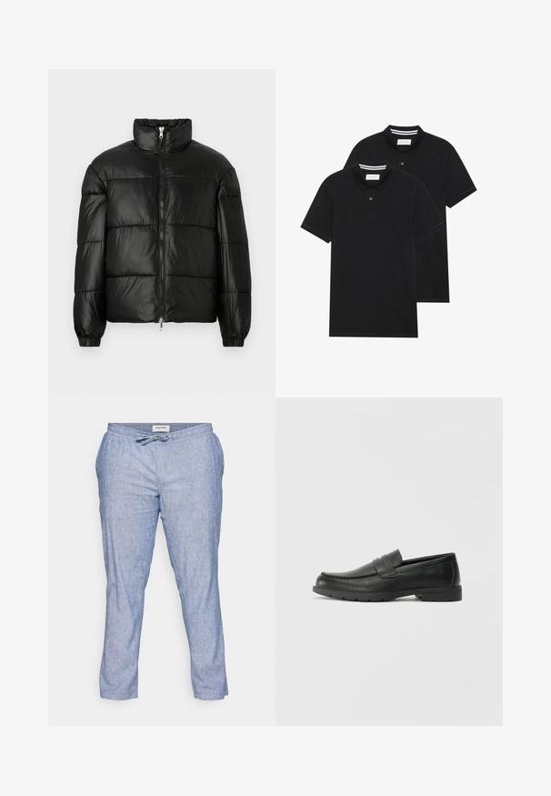 Sort puffet jakke med høj krave, lynlås foran, quiltet design, elastiske manchetter og skinnende, glat stoffinish.; To sorte polo T-shirts, kortærmede, lavet af bomuldsstof, med en klassisk krave, to-knaps placket og hvide stribede detaljer indeni kraven.; Jack & Jones STACE JJBREEZE - Bukser - blue; Sorte læderslippers med en glat finish, mokkasin-stil overdel, syninger og gummisål. Klassisk design med en lav hæl.