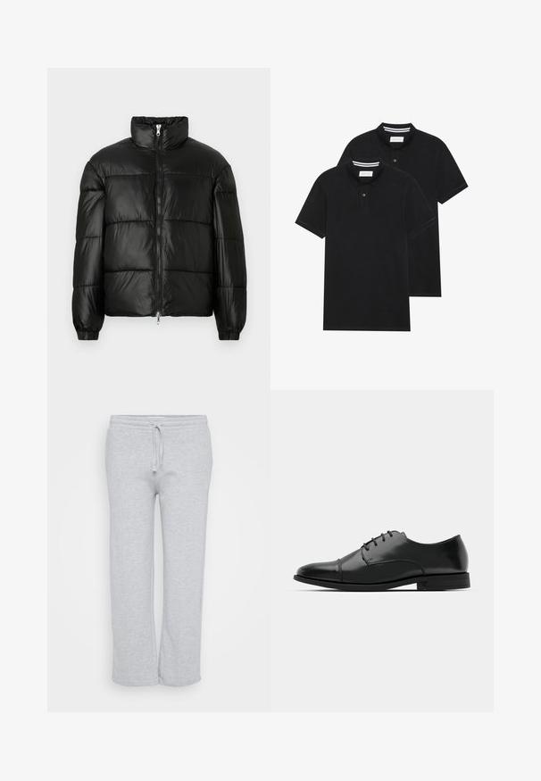 Melna pūkainā jaka ar augstu apkakli, rāvējslēdzēja priekšējo aizdari, quilted dizainu, elastīgām piedurknēm un spīdīgu, gludu auduma apdari.; Divas melnas polo krekli, īsām piedurknēm, no kokvilnas materiāla, ar klasisku apkakli, divu pogu aizdari un balti svītroti akcenti apkakles iekšpusē.; Gaiši pelēkas sporta bikses, kas izgatavotas no maiga auduma, ar elastīgu jostu un auklu, taisnas kāju dizainu un sānu kabatām.; Melnas ādas vadmalas kurpes ar noapaļotu purngalu, saistījuma dizains, smalkas izšuvumu detaļas un zema papēža. Gluda tekstūra ar spīdīgu apdari.