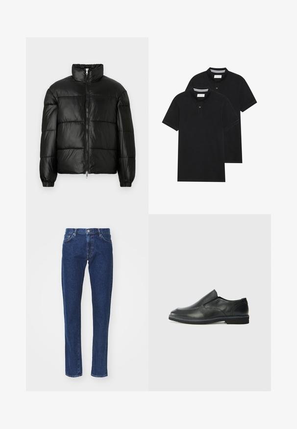 Melna pūkainā jaka ar augstu apkakli, rāvējslēdzēja priekšējo aizdari, quilted dizainu, elastīgām piedurknēm un spīdīgu, gludu auduma apdari.; Divas melnas polo krekli, īsām piedurknēm, no kokvilnas materiāla, ar klasisku apkakli, divu pogu aizdari un balti svītroti akcenti apkakles iekšpusē.; Tumši zili džinsi ar taisnu kāju griezumu, piecu kabatu dizainu, metāla pogas aizdari un gaišiem šuvumiem.; Melnas ādas slip-on kurpes ar gludu augšdaļu, izšūtām akcentiem, noapaļotu purngala daļu un zemu gumijas papēdi. Zole ar minimālu rakstu.