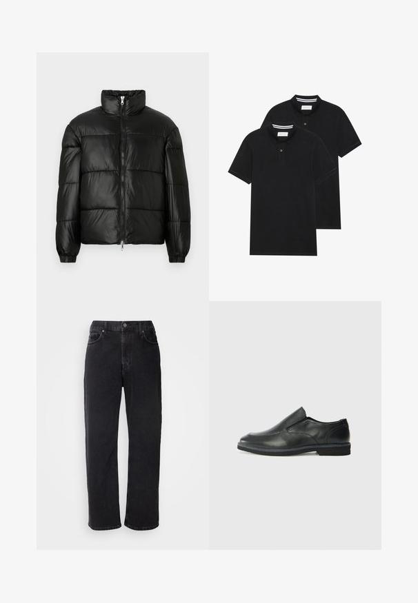 Čierna páperová bunda s vysokým golierom, predným zipsom, prešívaným dizajnom, elastickými manžetami a lesklým hladkým materiálom.; Dvé čierne polo tričká, krátke rukávy, vyrobené z bavlny, s klasickým golierom, dvojitým gombíkom a bielymi pruhmi vo vnútri goliera.; Čierne džínsy z denimovej látky so rovný strihom, piatimi vreckami a kontrastným šitím. Obsahujú zapínanie na gombík a pútka na opasok na páse.; Čierny kožený nazúvací topánka s hladkým zvrškom, prešitými akcentmi, zaoblenou špičkou a nízkym gumovým podpätkom. Podošva má minimálny dezén.