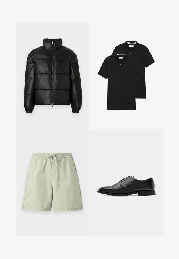 Doudoune noire avec un col montant, fermeture éclair sur le devant, design matelassé, poignets élastiques et finition en tissu lisse et brillant.; Deux polos noirs, à manches courtes, en coton, avec un col classique, une patte de boutonnage à deux boutons, et des accents rayés blancs à l'intérieur du col.; Shorts en coton vert clair avec taille élastique et cordon de serrage, dotés de poches latérales et d'une coupe décontractée. Texture lisse, design longueur genou.; Chaussure habillée noire en cuir avec un bout rond, un laçage, des détails de couture subtils et un petit talon. Texture lisse avec une finition polie.