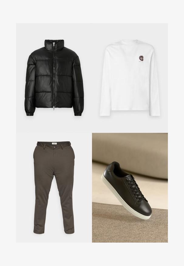Doudoune noire avec un col montant, fermeture éclair sur le devant, design matelassé, poignets élastiques et finition en tissu lisse et brillant.; T-shirt manches longues blanche en coton. Présente un petit design graphique marron foncé sur la poitrine. Encolure ronde classique et coupe droite.; Jack & Jones JPSTMARCO JJCOOPER - Chino - wren; Baskets en cuir noir avec une semelle en caoutchouc blanc et des lacets noirs, posées sur une surface et un fond en tissu beige.