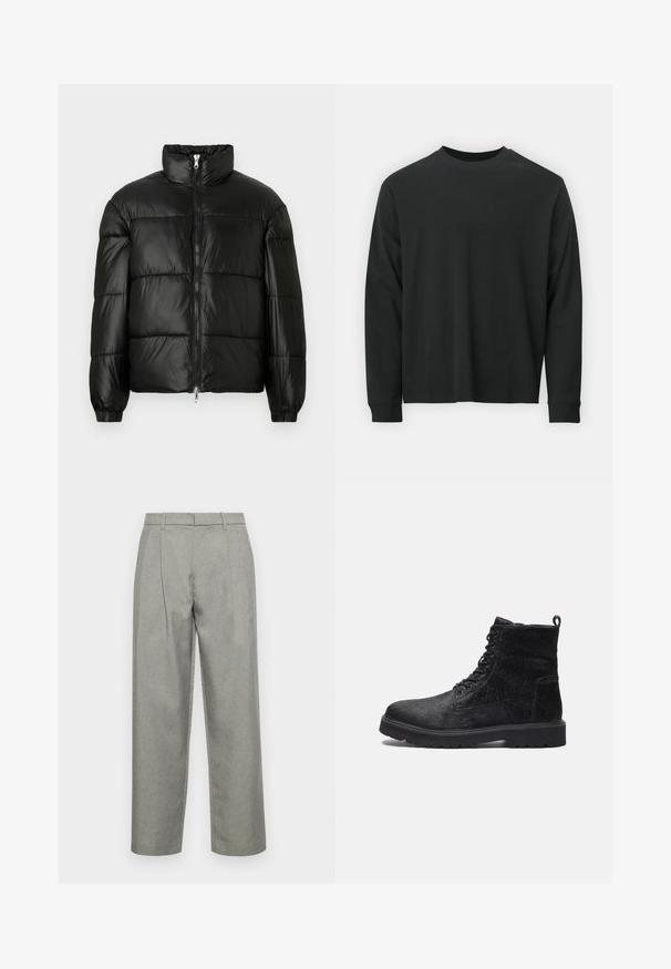 Μαύρο μπουφάν με φουσκωτό σχέδιο, ψηλό γιακά, κλείσιμο με φερμουάρ μπροστά, ραφές τύπου καπιτονέ, ελαστικές μανσέτες και γυαλιστερή, λεία υφή.; Μαύρο μπλουζάκι μακρυμάνικο από βαμβάκι, με στρογγυλή λαιμόκοψη, χαλαρή εφαρμογή και ριμπ μανσέτες. Απαλή υφή χωρίς ορατά σχέδια.; Γκρι κομμένα παντελόνια από υφασμάτινο υλικό με υφή, διαθέτοντας ευθεία γραμμή, πιέτες μπροστά και κανονική μέση με θηλιές ζώνης.; Μαύρες ankle μπότες με υφή στο πάνω μέρος, διαθέτοντας κορδόνια μπροστά, ανθεκτική καουτσούκ σόλα και θηλιά στο πίσω μέρος για εύκολη εφαρμογή.