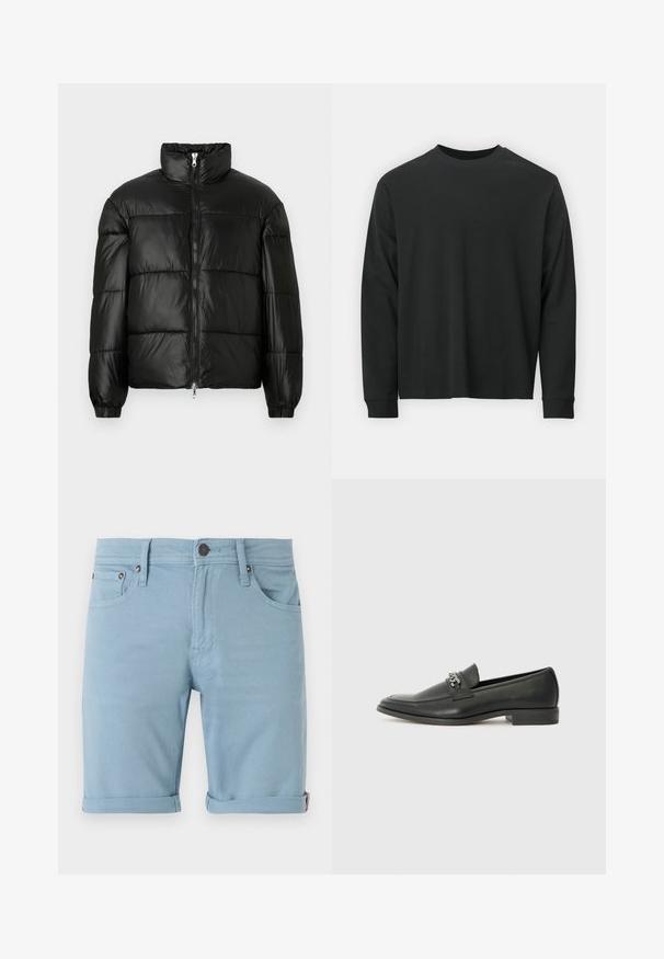 Must mustaga jakker, millel on kõrge krae, luku esikinnitus, tikanditud disain, elastsed mansetid ja läikiv, sile kangast viimistlus.; Pika pikkade varrukatega must T-särk, mis on valmistatud puuvillast, ümarate kaelustega, lohvaka lõikega ja soonikute mansettidega. Sujuv tekstuur, ilma nähtavate mustriteta.; Heledad sinised teksapüksid, klassikalise viie taskuga disainiga, rullitud varrukatega, ees ja taga õmblemise detailidega ning tumeda nööbiga kinnitamisega.; Must haveate nahkking punased, millel on sile viimistlus, tikitud muster ja dekoratiivne metallkett vampi üle. Tasane konts.