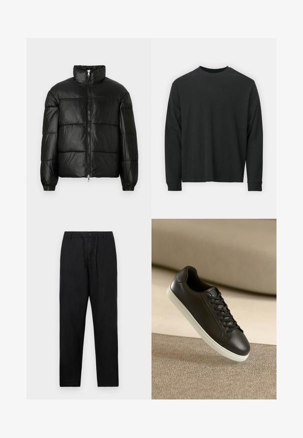 Svart pufferjakke med høy krage, glidelås foran, quiltet design, elastiske mansjetter og blank, glatt stofffinish.; Langermet svart T-skjorte laget av bomull, med rund hals, løs passform og ribbestrikkede mansjetter. Glatt tekstur uten synlige mønstre.; Svarte linbukser med rett passform, med knappelukking, justerbar snor i livet, og uten synlige mønstre eller detaljer.; Svart lær sneakers med hvit gummisåle og svarte lisser, plassert mot en beige stoffoverflate og bakgrunn.