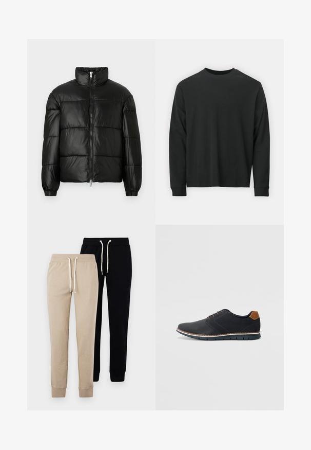 Crna puffer jakna s visokim ovratnikom, zatvaranjem na zip, quilted dizajnom, elastičnim manžetama i sjajnim, glatkim materijalom.; Dugi rukav crni majica od pamuka, s okruglim izrezom, slobodnog kroja i rebrastim manžetama. Glatka tekstura bez vidljivih uzoraka.; Dva para trenirki: jedna bež i jedna crna, s elastičnim rubovima i pojasom sa trokutastim vezicama sa srebrnim detaljima.; Crne sintetičke cipele s teksturiranim gornjim dijelom, glatkim akcentima, smešnim petom i kontrastnom potplatom. Imaju minimalne vezice i detalje šivanja.