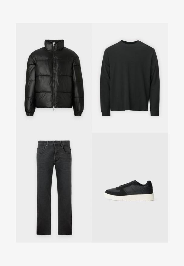 Casaco puffer preto com gola alta, fecho frontal em zíper, design acolchoado, punhos elásticos e acabamento de tecido brilhante e suave.; Camisola de manga longa preta, feita de algodão, com decote redondo, corte largo e punhos canelados. Textura suave sem padrões visíveis.; Calças jeans pretas de perna reta, feitas de denim, com cinco bolsos, passantes para cinto e um fecho com botão e fecho de correr. Textura levemente desbotada.; Fivela preta de cano baixo com pele texturizada e painéis de camurça, sola de borracha branca e atacadores pretos, em fundo claro liso.