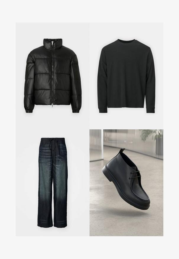 Casaco puffer preto com gola alta, fecho frontal em zíper, design acolchoado, punhos elásticos e acabamento de tecido brilhante e suave.; Camisola de manga longa preta, feita de algodão, com decote redondo, corte largo e punhos canelados. Textura suave sem padrões visíveis.; Calças largas em denim escuro com um desbotamento gradual. Apresentam uma cintura elástica com cordão. Textura suave com padrões de desgaste sutis.; Sapatilha de couro preto com uma textura suave, biqueira arredondada e design com atacadores; apresenta uma sola de perfil baixo e uma alça na parte traseira.