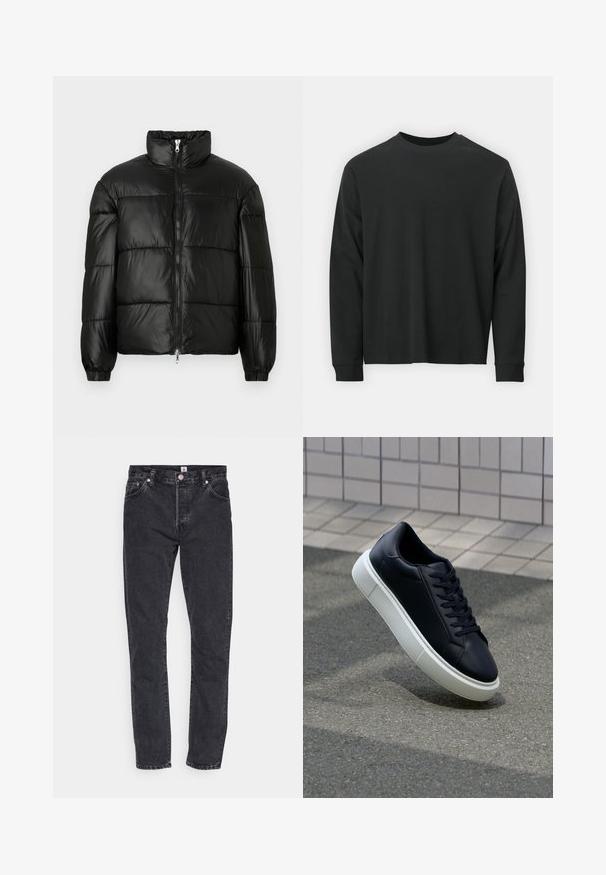 Crna puffer jakna s visokim ovratnikom, zatvaranjem na zip, quilted dizajnom, elastičnim manžetama i sjajnim, glatkim materijalom.; Dugi rukav crni majica od pamuka, s okruglim izrezom, slobodnog kroja i rebrastim manžetama. Glatka tekstura bez vidljivih uzoraka.; Edwin Traperice uskog kroja - black; Crne kožne tenisice s zaobljenim vrhom i bijelim gumiranim potplatom. Imaju ravne vezice i minimalno šivanje na gornjem dijelu. Teksturirani potplat za bolje prianjanje.