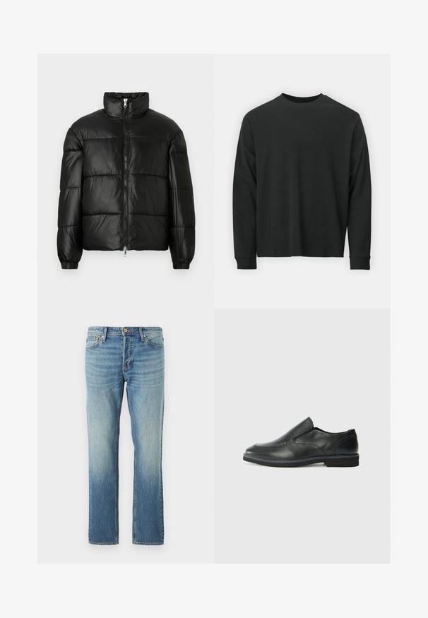 Must mustaga jakker, millel on kõrge krae, luku esikinnitus, tikanditud disain, elastsed mansetid ja läikiv, sile kangast viimistlus.; Pika pikkade varrukatega must T-särk, mis on valmistatud puuvillast, ümarate kaelustega, lohvaka lõikega ja soonikute mansettidega. Sujuv tekstuur, ilma nähtavate mustriteta.; Heledad sinine denim-püksid sirge jala disainiga, millel on kulunud välimus, vasknööbid ja klassikaline viie tasku stiil.; Must musta laia suuga king, millel on sile ülemine osa, õmmeldud detailid, ümmargune nina ja madal kummist konts. Tallal on minimaalne mustr.