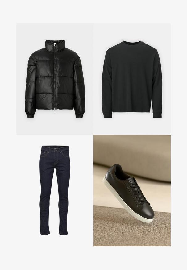 Juodas pūkinis švarkas su aukštu apykakle, užtrauktuko priekyje, siuvinėtu dizainu, elastingais rankogaliais ir blizgia, lygiąja audinio apdaila.; Ilga melsva juoda marškinėliai, pagaminti iš medvilnės, su apvaliu iškirpimu, laisvu siluetu ir ripsuota apykakle. Lygus paviršius be matomų raštų.; Tamsiai mėlynos džinsinės kelnės su tvirtu pritaikymu, turinčios penkias kišenes, oranžinę siuvimo siūlę ir klasikinį mygtuką užsegimui juosmens srityje.; Juodų odinių sportbačių su baltu guminiu padu ir juodomis raištelėmis nuotrauka, padėta ant šviesiai rudos tekstilės paviršiaus ir fono.