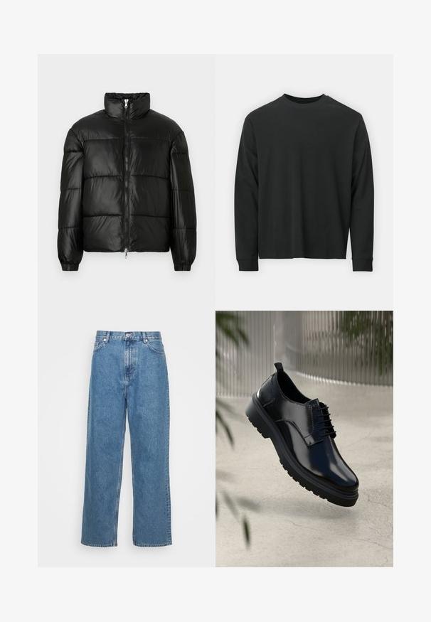 Black puffer jacket with a high collar, zip front closure, quilted design, elastic cuffs, and shiny, smooth fabric finish.; Long-sleeve black T-shirt made of cotton, featuring a round neckline, loose fit, and ribbed cuffs. Smooth texture with no visible patterns.; Weekday GALAXY LOOSE STRAIGHT UNISEX - Loose Jeans - blue; Black leather shoe with a glossy finish, round toe, lace-up design, contrast stitching, and a thick rubber sole with tread patterns.