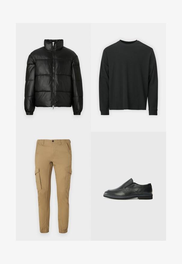 Casaco puffer preto com gola alta, fecho frontal em zíper, design acolchoado, punhos elásticos e acabamento de tecido brilhante e suave.; Camisola de manga longa preta, feita de algodão, com decote redondo, corte largo e punhos canelados. Textura suave sem padrões visíveis.; Calças cargo em tecido bege com um corte afunilado, apresentando dois bolsos laterais, dois bolsos cargo e punhos elásticos nos tornozelos.; Sapato slip-on preto em pele com um upper liso, acabamentos cosidos, bico arredondado e um salto de borracha baixo. A sola apresenta um padrão de aderência mínimo.