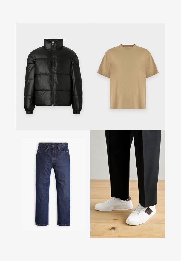 Svart pufferjakke med høy krage, glidelås foran, quiltet design, elastiske mansjetter og blank, glatt stofffinish.; Khaki kortermet T-skjorte laget av mykt stoff, med rund hals og en avslappet passform. Ingen mønstre eller grafikk er synlige.; Mørkeblå straight-leg denimjeans med frontknapp, glidelås, fem lommer og detaljer med kobbernitter.; Hvite sneakers med glatt tekstur, med brune skinnakenter og svart detaljer, parret med svarte skreddersydde bukser. Bakgrunn med tregulv.