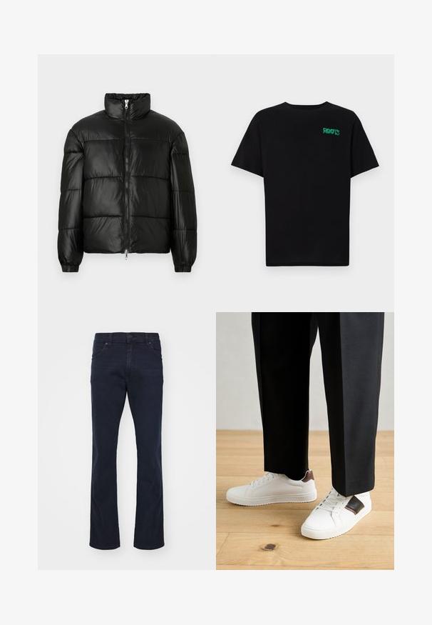 Chaqueta de pluma negra con un cuello alto, cierre frontal con cremallera, diseño acolchado, puños elásticos y acabado de tela brillante y suave.; Camiseta negra de algodón con mangas cortas. Presenta un logo verde "ROOTS" en el frente, escote redondo y corte estándar.; Jeans de mezclilla azul oscuro con un diseño de pierna recta, cinco bolsillos, cierre de botón y un sutil detalle de costura a lo largo de las costuras.; Zapatillas blancas con textura suave, con acentos de cuero marrón y detalles en negro, combinadas con pantalones negros ajustados. Fondo de suelo de madera.