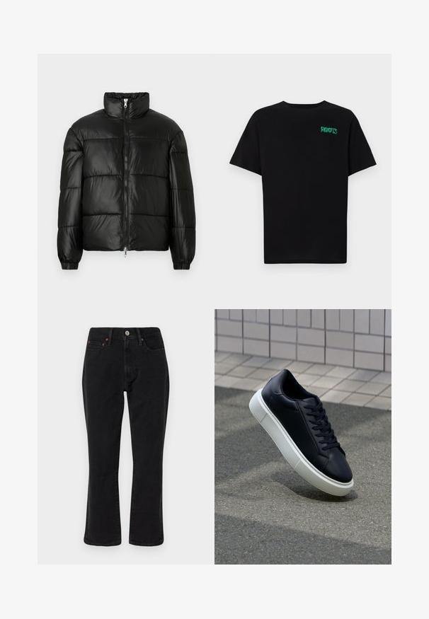 Fekete puffernadrág magas gallérral, cipzáras elülső záródással, steppelt kialakítással, elasztikus mandzsettákkal és fényes, sima szövetfelülettel.; Fekete, pamutból készült póló rövid ujjakkal. Elöl zöld "ROOTS" logóval, kerek nyakkivágással és normál szabással.; Fekete farmernadrág egyenes szabású dizájnnal, öt zsebes stílussal és réz árnyalatú fém kiegészítőkkel. Simító textúra és közepes derékmagasság.; Fekete bőr sportcipő lekerekített orral és fehér gumitalppal. Lapos fűzőkkel és minimális varrásokkal rendelkezik a felsőrészén. Mintás talp a tapadásért.