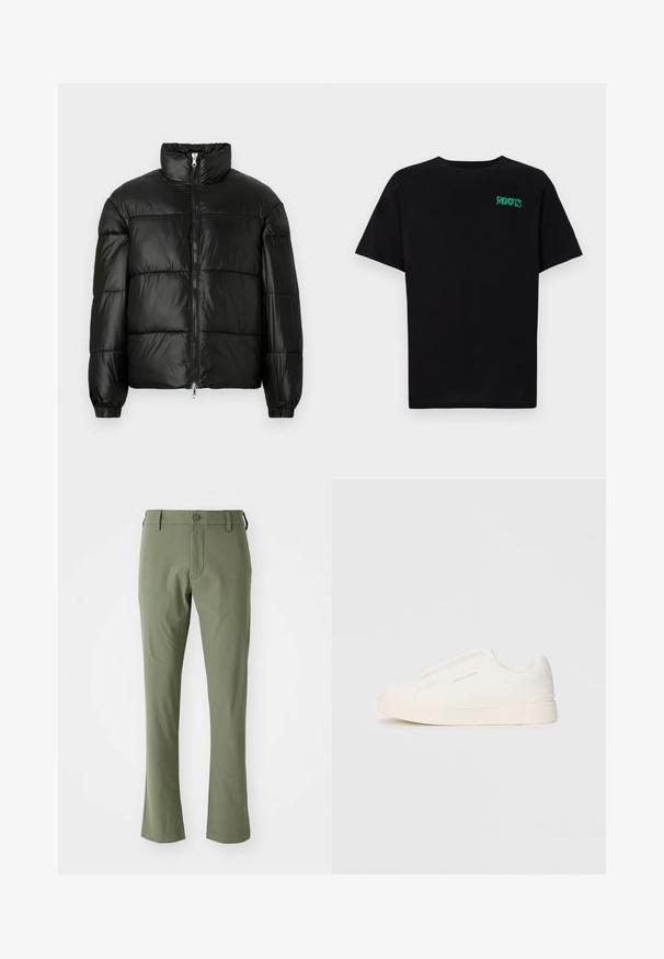 Melna pūkainā jaka ar augstu apkakli, rāvējslēdzēja priekšējo aizdari, quilted dizainu, elastīgām piedurknēm un spīdīgu, gludu auduma apdari.; Melna kokvilnas t-kreka ar īsām piedurknēm. Uz priekšu ir zaļa "ROOTS" logo, apaļa kakla izgriezums un standarta piegriezums.; Zaļas uzvalka bikses ar šauru griezumu, izgatavotas no gludas auduma. Satur priekšējo rāvējslēdzēju, pogu aizdari un taisnas maliņas.; Baltas slip-on sporta apavi ar teksturētu virsmu, biezu zoli un minimālistisku dizainu. Sānos redzams zīmola logotips.