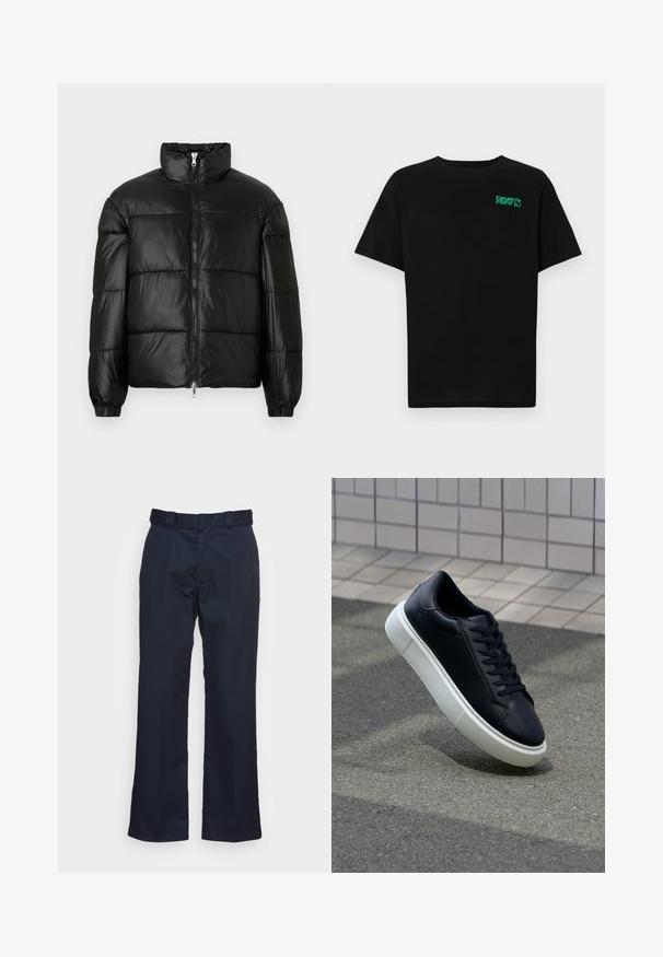 Fekete puffernadrág magas gallérral, cipzáras elülső záródással, steppelt kialakítással, elasztikus mandzsettákkal és fényes, sima szövetfelülettel.; Fekete, pamutból készült póló rövid ujjakkal. Elöl zöld "ROOTS" logóval, kerek nyakkivágással és normál szabással.; Tengerészkék nadrág egyenes szár kialakítással, sima anyagból készült, standard derékrésszel és látható minták vagy hardver nélkül.; Fekete bőr sportcipő lekerekített orral és fehér gumitalppal. Lapos fűzőkkel és minimális varrásokkal rendelkezik a felsőrészén. Mintás talp a tapadásért.