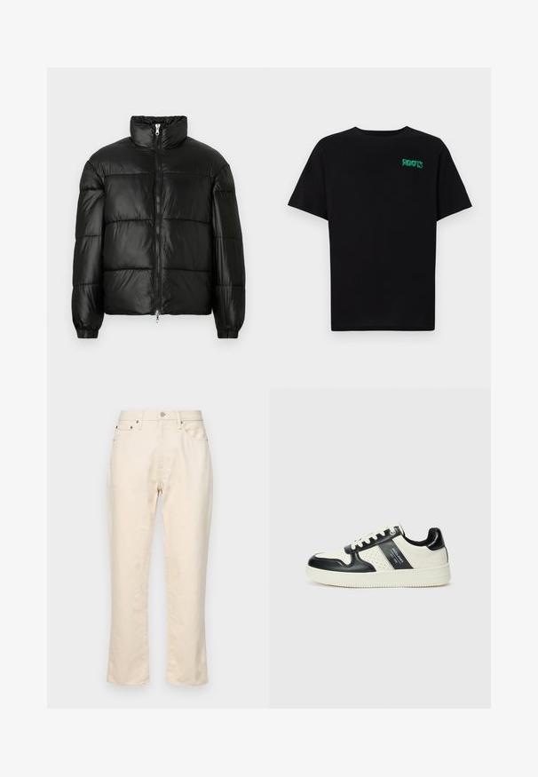 Doudoune noire avec un col montant, fermeture éclair sur le devant, design matelassé, poignets élastiques et finition en tissu lisse et brillant.; T-shirt noir en coton à manches courtes. Présente un logo "ROOTS" vert sur le devant, un col rond et une coupe standard.; Pantalons en coton beige avec une coupe droite. Comprend une fermeture éclair, cinq poches et des détails de couture discrets. Surface en tissu texturé.; Baskets en cuir avec un schéma de couleurs noir et crème, dotées d'accents perforés, d'un col rembourré et d'une semelle texturée.