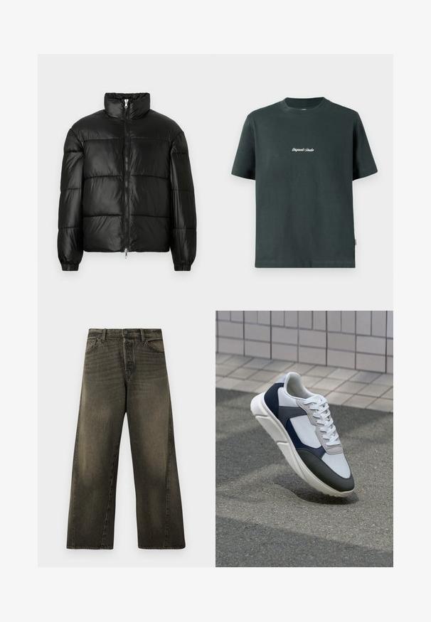 Svart puffjacka med hög krage, dragkedja fram, kviltat mönster, elastiska ärmslut och en blänkande, slät ytfinish.; Mörkgrön bomulls-t-shirt med rund halsringning, korta ärmar och vit broderad text "Original Studio" på bröstet. Slät textur.; Höga, vida svarta jeans med urtvättad effekt, med knäppning och dragkedja fram, samt standard framtidsfickor.; Vit, marinblå och grå sneaker med en blandad materialdesign, som har ett texturerat ovandel, platta snören och en vadderad sula.