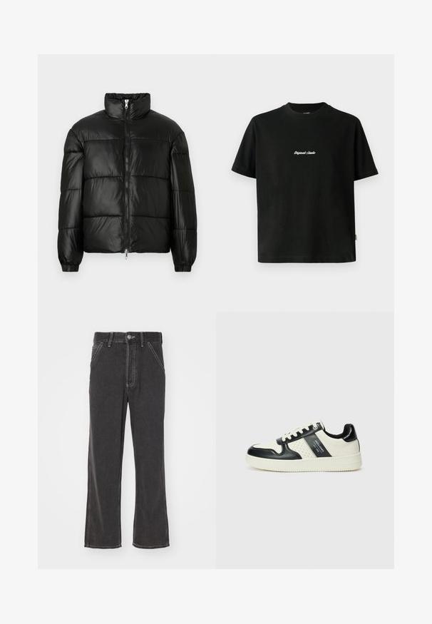 Doudoune noire avec un col montant, fermeture éclair sur le devant, design matelassé, poignets élastiques et finition en tissu lisse et brillant.; T-shirt en coton noir à manches courtes, avec un texte brodé blanc "Original Studio" sur la poitrine et un col rond.; Jean flare en denim noir avec taille haute, couture contrastante, poches avant et fermeture à bouton. Le matériau semble solide avec une texture lisse.; Baskets en cuir avec un schéma de couleurs noir et crème, dotées d'accents perforés, d'un col rembourré et d'une semelle texturée.