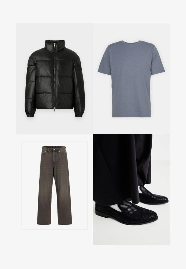 Schwarze Daunenjacke mit hohem Kragen, Reißverschluss vorne, gestepptem Design, elastischen Bündchen und glänzendem, glattem Stofffinish.; Graues T-Shirt mit kurzen Ärmeln und Rundhalsausschnitt, aus weichem Baumwollmixstoff gefertigt. Schlichtes Design, keine Muster oder Akzente.; Weite Jeans aus dunkelgrauem Denim mit hoher Taille, klassischem Fünf-Taschen-Design und kontrastierendem Stepp entlang der Nähte.; Schwarze perforierte Slipper mit flacher Sohle und glatter Textur. Minimalistisches Design mit seitlichen Ausschnitten. Kombiniert mit schwarzen Hosen.