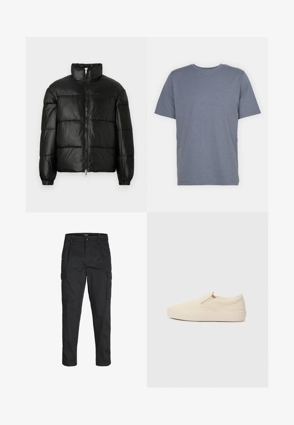 Doudoune noire avec un col montant, fermeture éclair sur le devant, design matelassé, poignets élastiques et finition en tissu lisse et brillant.; T-shirt gris à manches courtes avec un col rond, fabriqué en un doux tissu en mélange de coton. Design simple, sans motifs ni accents.; Pantalons cargo noirs en tissu résistant, dotés de plusieurs poches, d'une fermeture par bouton et d'une coupe slim avec des jambes fuselées.; Bottines beige à enfiler en toile avec une semelle en caoutchouc. Présentent des accents élastiques sur les côtés et une texture lisse. Design simple et arrondi.