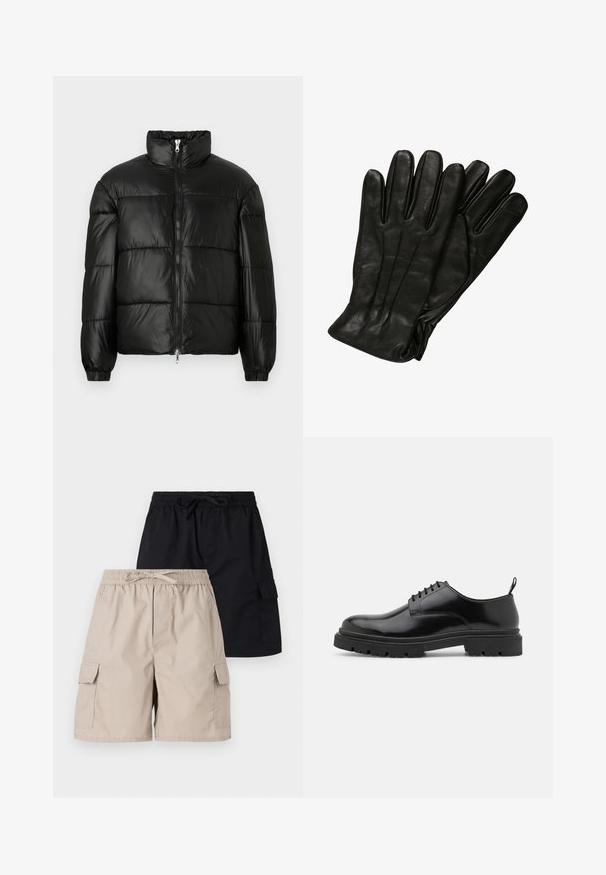 Svart pufferjakke med høy krage, glidelås foran, quiltet design, elastiske mansjetter og blank, glatt stofffinish.; Hvit bomull t-skjorte med korte ermer, med dristig svart "NOTORIOUS" grafisk tekst og "WORLD TOUR 1990" design under i slitt trykk.; To par med cargo shorts, en beige og en svart, med elastiske midjebånd, snorstramming og sidelommer.; Sorte lær lace-up sko med rund tå, glat overflade og rillet gummisål. Har en lille hæl og en pull-tab bagpå.; Sorte skinnhansker med en glatt tekstur, fem fingre og subtile sømdetaljer. Klassisk design, egnet for bruk i kalde værforhold.