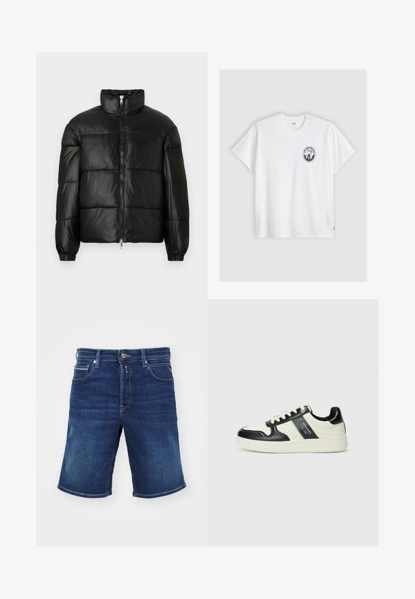 Chaqueta de pluma negra con un cuello alto, cierre frontal con cremallera, diseño acolchado, puños elásticos y acabado de tela brillante y suave.; Camiseta de algodón blanca con mangas cortas, cuello redondo y un logo circular negro en el lado izquierdo del pecho con un diseño estilizado.; Pantalones cortos de mezclilla en azul oscuro, con cierre de botón, cinco bolsillos y un diseño recto. Tela de peso medio con un ligero desgaste.; Zapatillas de cuero con un esquema de colores negro y crema, que cuentan con acentos perforados, un collar acolchado y una suela texturizada.