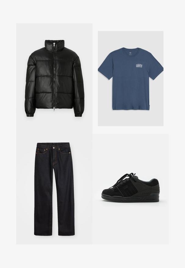 Must mustaga jakker, millel on kõrge krae, luku esikinnitus, tikanditud disain, elastsed mansetid ja läikiv, sile kangast viimistlus.; Sinine puuvillane T-särk, millel on ümmargune kaelus ja lühikesed varrukad. Vasakul rindkere piirkonnas on trükitud valge "Levi's" logo. Lihtne disain.; Meeste sirge jala mustad denim teksad viie taskuga, oranž õmblus, nupu ja tõmblukuga ees nagu vöökoht.; Mustad mustad, millel on sametist ja tekstiilisest ülemisest osa, kus on tekstuuriga aktsendid, pehmendatud kaelus, kingapaelad ja kummist välispind logoga detailiga.