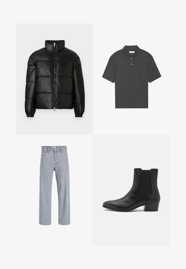 Black puffer jacket with a high collar, zip front closure, quilted design, elastic cuffs, and shiny, smooth fabric finish.; Dark gray polo shirt with a traditional collar, three-button placket, short sleeves, and a left chest pocket. Smooth fabric texture.; Light blue denim jeans with a relaxed fit, straight leg design, visible stitching, two front pockets, and a button closure.; Zign LEATHER - Classic ankle boots - black