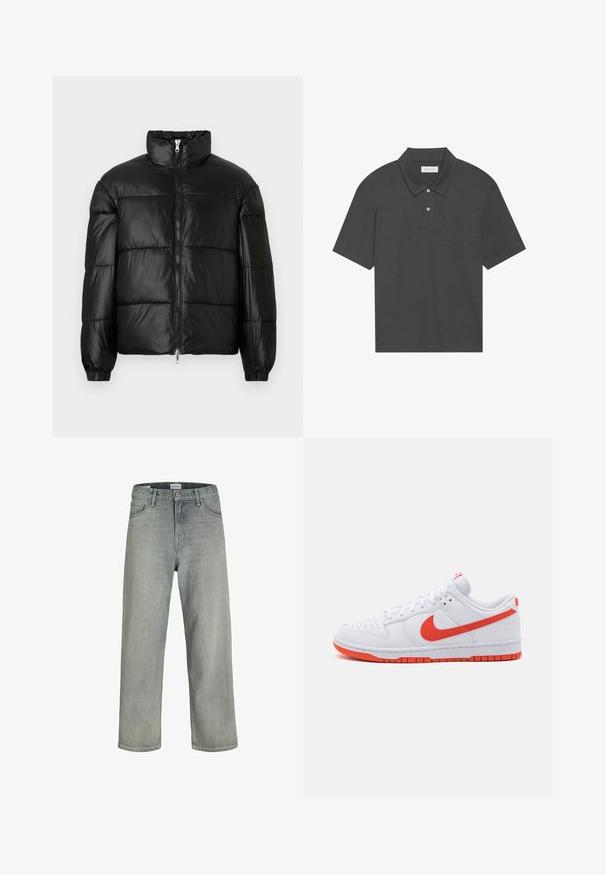 Black puffer jacket with a high collar, zip front closure, quilted design, elastic cuffs, and shiny, smooth fabric finish.; Dark gray polo shirt with a traditional collar, three-button placket, short sleeves, and a left chest pocket. Smooth fabric texture.; Light gray, loose-fitting jeans made of denim. Features a classic five-pocket design, belt loops, and a straight leg silhouette.; White sneakers with a smooth leather upper, red Nike swoosh, red accents on the outsole, and perforated toe for breathability.