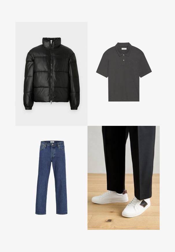 Chaqueta de pluma negra con un cuello alto, cierre frontal con cremallera, diseño acolchado, puños elásticos y acabado de tela brillante y suave.; Camisa polo gris oscuro con un cuello tradicional, tapeta de tres botones, mangas cortas y un bolsillo en el pecho izquierdo. Textura de tela suave.; Vaqueros de denim azul oscuro con corte recto, costuras visibles y diseño de cinco bolsillos; cuentan con una cremallera en la bragueta y una etiqueta de parche de cuero.; Zapatillas blancas con textura suave, con acentos de cuero marrón y detalles en negro, combinadas con pantalones negros ajustados. Fondo de suelo de madera.