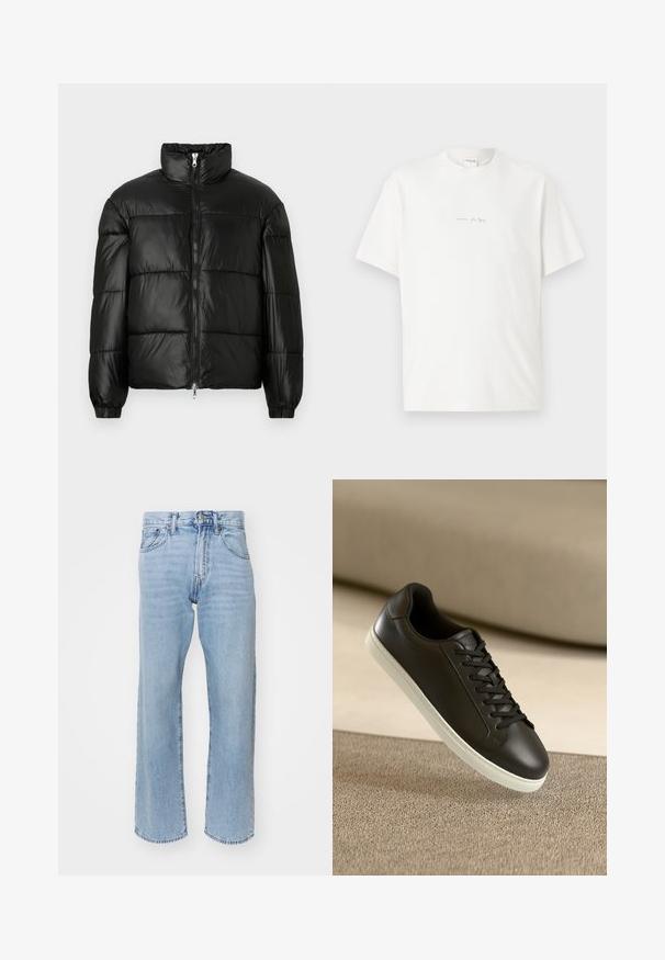 Melna pūkainā jaka ar augstu apkakli, rāvējslēdzēja priekšējo aizdari, quilted dizainu, elastīgām piedurknēm un spīdīgu, gludu auduma apdari.; Balts kokvilnas T-krekls ar apaļu kakla izgriezumu, īsām piedurknēm un mazu drukātu logotipu priekšā. Gluda tekstūra un brīvs griezums.; Gai zila denima bikses ar taisnu kāju dizainu, augstu jostasvietu, redzamām šuvēm un piecu kabatu stilu. Vienkārša apakšmalas apdare bez rotājumiem.; Melnas ādas sporta kurpes ar baltu gumijas zoli un melnām auklām, novietotas uz bēša auduma virsmas un fona.