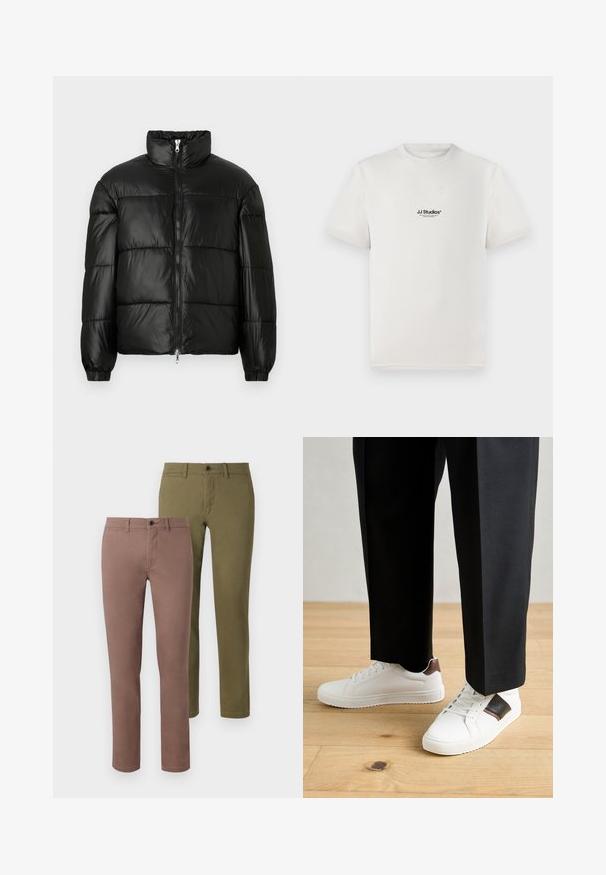 Black puffer jacket with a high collar, zip front closure, quilted design, elastic cuffs, and shiny, smooth fabric finish.; White cotton t-shirt with short sleeves, featuring a black "JJ Studios" logo on the chest. Crew neck and standard fit design.; Two pairs of slim-fit pants: one in a muted brown and the other in olive green. Both feature clean lines and standard waistbands with buttons.; White sneakers with smooth texture, featuring brown leather accents and black detailing, paired with black tailored pants. Wooden floor background.