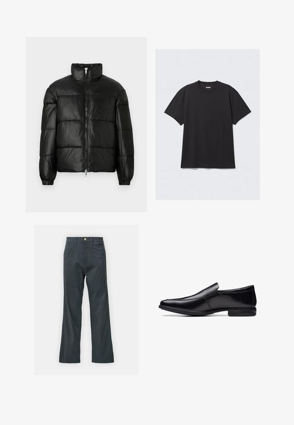 Črna pufasta jakna z visokim ovratnikom, z zadrgo spredaj, prešito zasnovo, elastičnimi manšetami in sijočim, gladkim zaključkom tkanine.; Crna majica s kratkimi rokavi iz bombaža. Ima okroglo ovratnik in sproščen kroj. Preprost dizajn brez vzorcev ali poudarkov.; Črne hlače s ravnim krojem, izdelane iz mešanice bombaža. Imajo kovinsko zaponko in stranske žepe. Brez vidnih vzorcev.; Črne usnjene natikače s koničastim prstom, poliranim zaključkom, subtilnimi šivi in nizkim profilom gumijastega podplata.