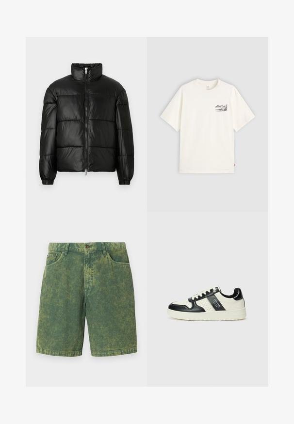 Svart pufferjakke med høy krage, glidelås foran, quiltet design, elastiske mansjetter og blank, glatt stofffinish.; Hvit kortermet t-skjorte laget av bomull, med et svart grafisk design på venstre brystområde med ordet "Fresh."; Grønne cordshorts med en teksturert ribbet mønster, fem-lommers design og knappelukking. Subtile lysere accenter gjennom hele.; Lædersneakers med sort og creme farveskema, der har perforerede detaljer, en polstret krave og en struktureret ydersål.