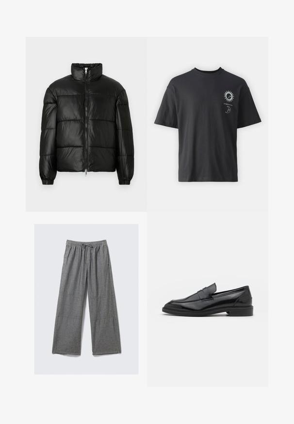 Schwarze Daunenjacke mit hohem Kragen, Reißverschluss vorne, gestepptem Design, elastischen Bündchen und glänzendem, glattem Stofffinish.; Schwarzes Baumwoll-T-Shirt mit kurzen Ärmeln, Rundhalsausschnitt und Vordergrafik eines Sonnen- und Mondmotivs, begleitet von dem Text "Le Soleil et La Lune."; Graue, weite Hosen aus leichtem Stoff, mit einem elastischen Bund und einem Kordelzug sowie dezenten Nähdetails an den Seiten.; Schwarze Lederloafers mit glatter Oberfläche, runder Spitze und schmalem Riemen über dem Obermaterial. Niedriger, gestapelter Absatz.