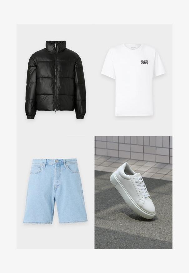 Mustat puffer-takki korkealla kauluksella, vetoketjukiinnitys edessä, tikattu malli, joustavat hihansuut ja kiiltävä, sileä kangasviimeistely.; Valkoinen puuvillapaita, lyhyet hihat, pyöreä kaula-aukko. Vasemmassa rintakehässä musta tekstilogo "JACK & JONES". Yksinkertainen, neutraali muotoilu.; Vaaleansiniset farkkushortsit klassisella leikkauksella, viidellä taskulla, napilla suljettavat ja tikattu helma. Kestävä kangas, jossa on sileä rakenne.; Valkoinen nahkainen lenkkari, jossa on sileä pinta, pyöreä kärki ja tasaiset valkoiset nauhat. Varustettu teksturoidulla kumi-pohjalla ja vähäisillä muotoiluelementeillä.