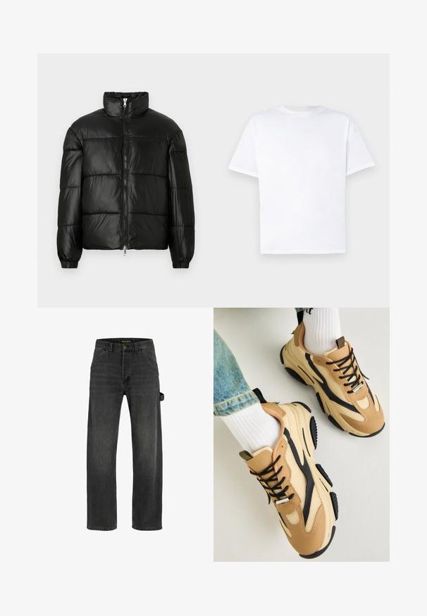 Zwarte pufferjack met een hoge kraag, ritsvoorzijde, gestikt ontwerp, elastische manchetten en een glanzende, gladde stofafwerking.; Witte katoenen T-shirt met ronde hals en korte mouwen. Gladde textuur, rechte snit, geen patronen of accenten. Alleen achteraanzicht.; Donkergrijze denim jeans met een rechte snit, vijf zakken, een metalen knoopsluiting en een zijbandafwerking.; Steve Madden POSSESS - Sneakers laag - khaki