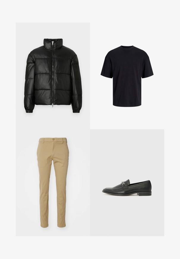 Crna puffer jakna s visokim ovratnikom, zatvaranjem na zip, quilted dizajnom, elastičnim manžetama i sjajnim, glatkim materijalom.; Crna pamučna majica s okruglim izrezom, kratkim rukavima i opuštenim krojem. Glatka tekstura bez vidljivih uzoraka ili dekoracija.; Khaki hlače napravljene od laganog pamuka, s slim-fit dizajnom, glatkom teksturom i standardnim pojasom s gornjim gumbom za zatvaranje.; Crna kožna loafer cipela s glatkom finišem, s ušivenim uzorkom i dekorativnim metalnim lancem preko prednjeg dijela. Ravni potplat.
