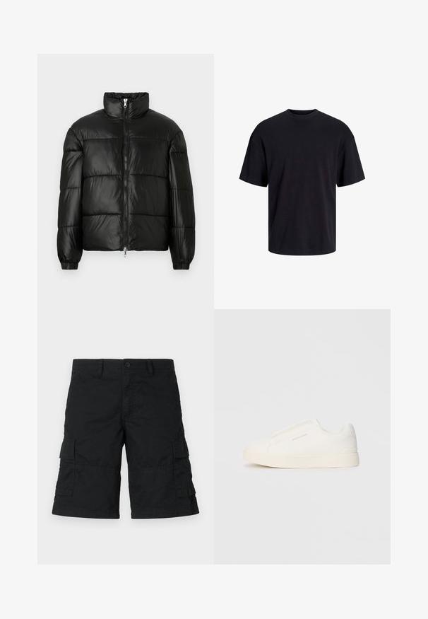 Czarna kurtka puchowa z wysokim kołnierzem, zapięciem na zamek błyskawiczny z przodu, pikowanym wzorem, elastycznymi mankietami oraz błyszczącym, gładkim wykończeniem materiału.; Czarna bawełniana koszulka z okrągłym dekoltem, krótkimi rękawami i luźnym krojem. Gładka tekstura, bez widocznych wzorów czy akcentów.; Czarne szorty cargo wykonane z lekkiego materiału; posiadają dwie boczne kieszenie oraz dwie kieszenie z klapką; prosty krój z luźnym fasonem.; Białe sneakersy wsuwane z teksturowanej powierzchni, grubą podeszwą i minimalistycznym designem. Zawierają logo marki z boku.