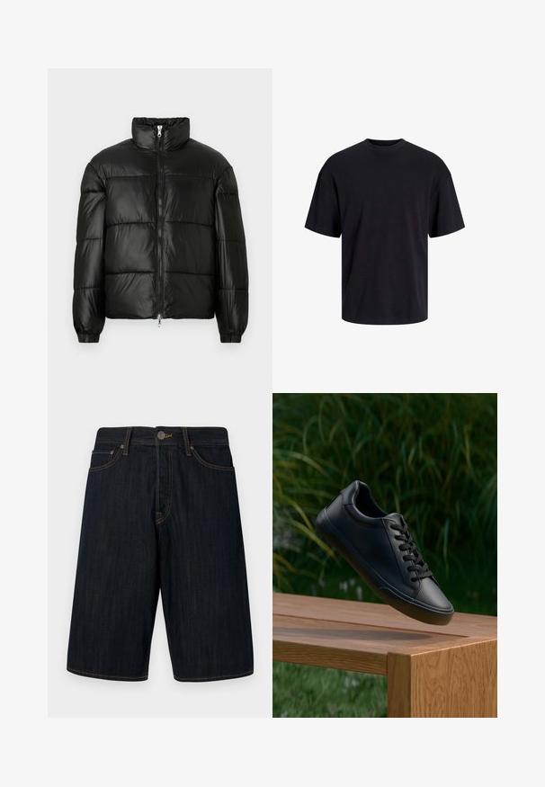 Black puffer jacket with a high collar, zip front closure, quilted design, elastic cuffs, and shiny, smooth fabric finish.; Black cotton t-shirt with a crew neckline, short sleeves, and a relaxed fit. Smooth texture and no visible patterns or accents.; Dark denim shorts with a straight cut, featuring yellow stitching, five pockets, and a front button closure. Smooth texture.; Black leather sneaker with a smooth texture, round toe, and flat laces, positioned above a wooden surface with green grass in the background.