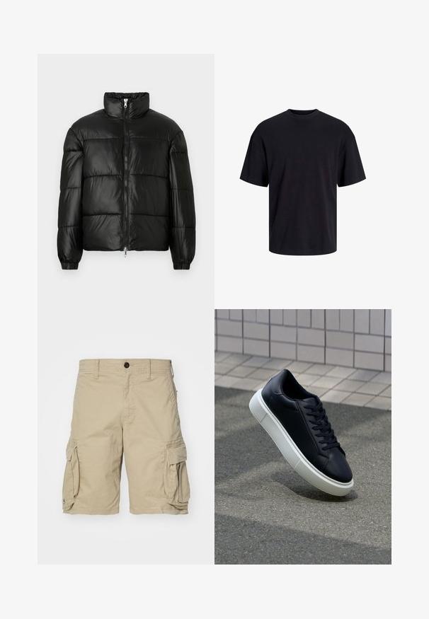 Chaqueta de pluma negra con un cuello alto, cierre frontal con cremallera, diseño acolchado, puños elásticos y acabado de tela brillante y suave.; Camiseta de algodón negra con cuello redondo, mangas cortas y un ajuste relajado. Textura suave y sin patrones ni acentos visibles.; Pantalones cortos de carga beige, fabricados en tejido de algodón, con bolsillos laterales, cierre de botón y un diseño de corte recto. Textura suave.; Zapatilla de cuero negro con punta redonda y suela de goma blanca. Presenta cordones planos y un mínimo de costuras en la parte superior. Suela texturizada para proporcionar agarre.